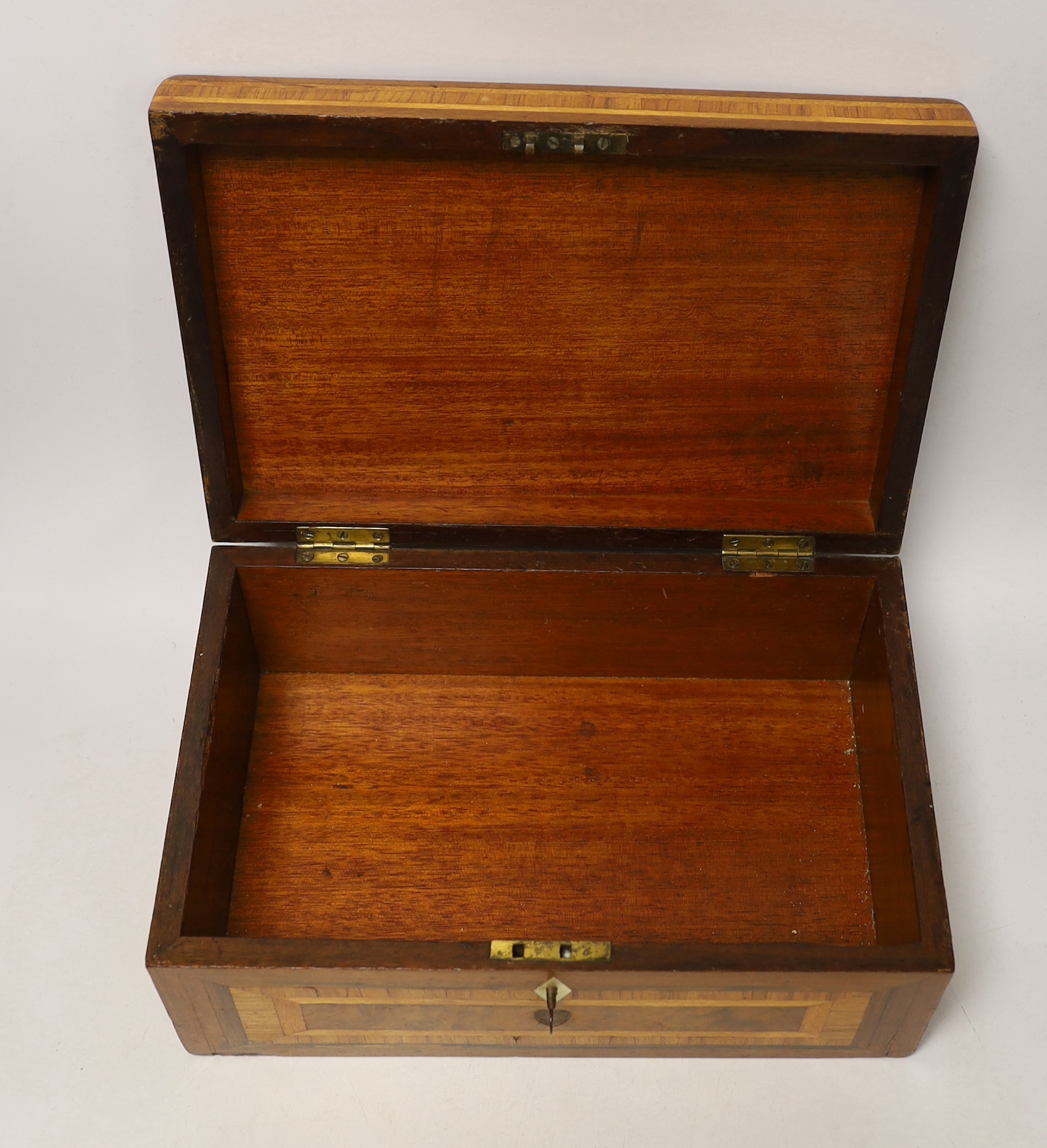 Letter scales and weights, a inlaid box, a carved box, a pair of plated coasters, carriage clock, inlaid box 33cm wide x 13cm high